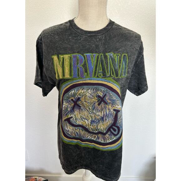 Nirvana Gray Acid Wash Smiley Graphic Band Tee - M - Picture 1 of 4